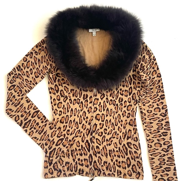 CACHE Zipper Sweater SMALL Leopard Animal Print Fox Fur Collar Knit Cardigan Top - Picture 12 of 15